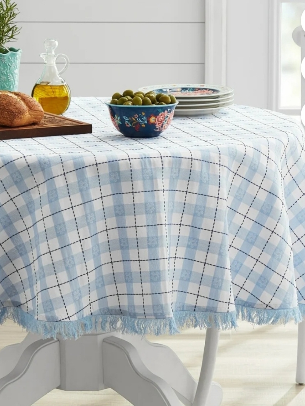 THE PIONEER WOMAN brand new 70" Round TABLECLOTH blue & white with fringe